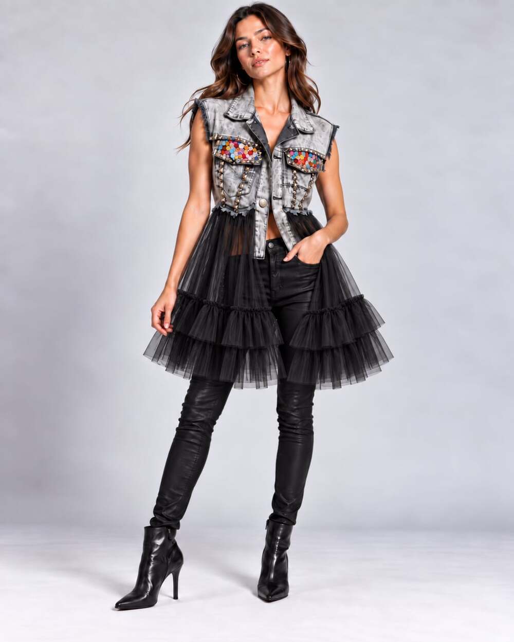 HALFHEART Denim Vest with Rhinestones Studs and Tulle Ruffle Hem